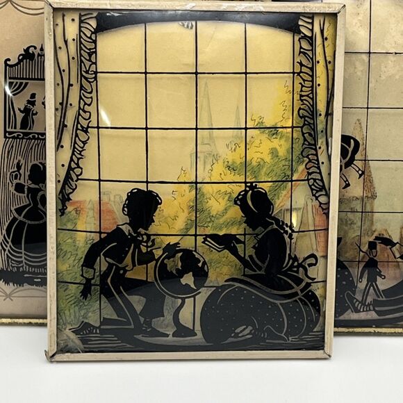 Set Of 3 Vintage Reverse Painted Convex Bubble Glass Silhouette Children Playing - Picture 4 of 5